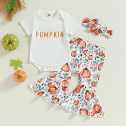 Clothing Sets 0-18 Months Baby Girls Halloween Clothes Letter Print Short Sleeve Romper And Pumpkin Flare Pants Headband Summer Outfit