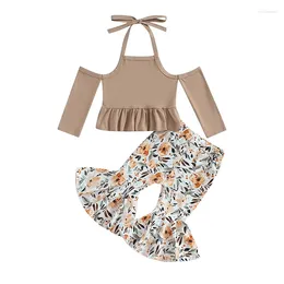 Clothing Sets FOCUSNORM 0-24M Toddler Baby Girls Clothes Set Ruffled Off Shoulder Halter Long Sleeve T Shirt Floral Flare Pants