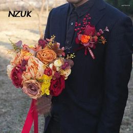 Wedding Flowers NZUK Romantic Orange Silk Bouquet Flower For Bride 2024 Artificial Holder Real Touch Bridal Accessories