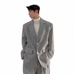 men Korean Streetwear Fi Oversize Loose Casual Plaid Blazers Suit Jacket Male Vintage Hip Hop Clothing Suit Coat Blazer 73Sz#