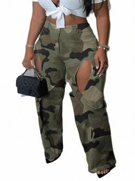 lw Camo Hollow Out Multicolor Pants Casual Loose Camoue Print Streetwear Y2K Women's Cargo Pants Cutout Wide Leg Trousers P8NE#