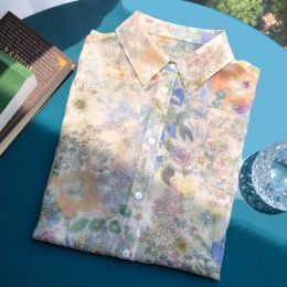 French Style Romantic Garden Watercolor Printing Women's Shirt Slightly Transparent Silk Smooth Crepe Collar Shirt
