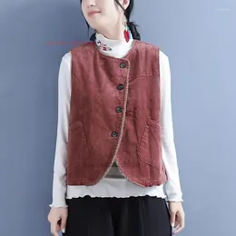 Ethnic Clothing 2024 Chinese Vintage Gilet National Corduroy Fleece Lined Thicken Vest Tang Suit Traditional Sleeveless Jacket Waistcoat