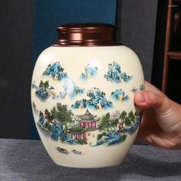 Storage Bottles Creative Ceramic Tea Jar Retro Landscape Painting Porcelain Sealed Coffee Candy Tank With Lid Crafts Decoration