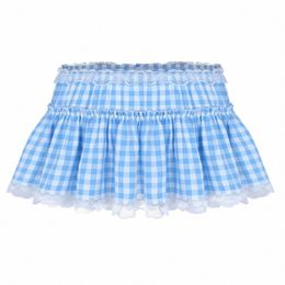 womens School Girls Gleeing Skirts Short Gingham Miniskirt with Lace Hem Pleated Sissy Mens Sexy Cosplay Crossdr Party Dr z06M#