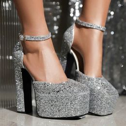 Dress Shoes Sequin Glitter Bling Silver Party Wedding Block High Heels Summer Platform Mary Janes Shiny Square Toe Women Sandals