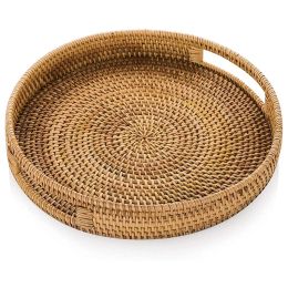 Baskets Round Rattan Woven Serving Tray with Handles Ottoman Tray for Breakfast, Drinks, Snack for Coffee Table, Home Decorative