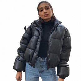 winter Warm Thick PU Leather Coats Women Short Parkas Fi Black Cott Padded Lady Down Jacket Elegant Zipper Clothes 2024 E4tm#