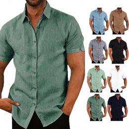 summer Cott Linen Casual Shirts Men Short Sleeve Solid Colour Turn Down Collar Shirt Mens Breathable Beach Style Blouse U6Hi#