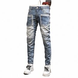 2024 outono inverno novo masculino retro emendado jeans fi persalizado elástico casual calças y2k roupas calças masculinas jeans baggy 06zk #