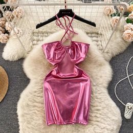 Casual Dresses Sexy PU Leather Halter Neck Strap Dress Girl's Hollow Out Backless Tight Bodycon Short Women Night Club Sparkly