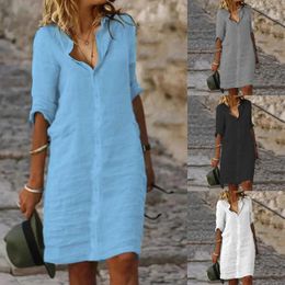 Casual Dresses Summer Cotton Linen Shirt Dress Women Button Half Sleeve Mini Elegant Loose Beach Party Vestidos