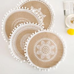 Table Mats 2pc Linen Mat Lace Placemat Set Round 38cm Natural Jute Woven Tableware Tassel Cotton Insulation Pad Decoration