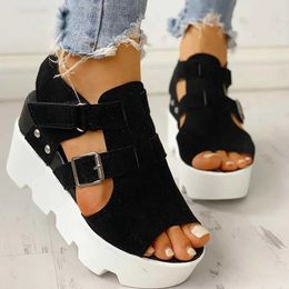 Sandals Women Summer Wedges Heel Black White Casual Designer Shoes Footwear Buckle Strap Open Toe Platform Sandel H240328DZ3W