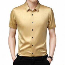 new 2021 Summer Male Silk Clothes Fi Striped Silk Shirt Short Sleeve Mens Casual Busin Social Dr Shirts o5Wm#