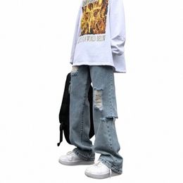 korean versi of ins hip-hop high street hipsters distred old ripped straight jeans men casual wild loose wide-leg trousers A1jQ#