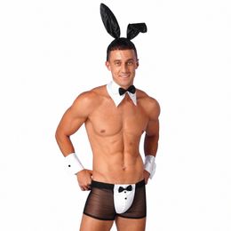 mens Waiter Tuxedo Lingerie Sexy Cosplay Costume Role Play Uniform See Through Briefs Underwear with Bunny Ears Headband Collar W0bK#