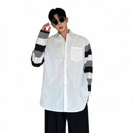stripe Sleeve Splice Shirts for Men Streetwear Fi Loose Casual Lg Sleeve Shirts Male Dr Shirt Blouse R6L5#