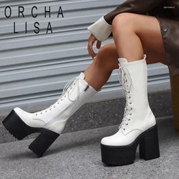 Boots ORCHA LISA Ladies Mid Calf 27cm Round Toe Platform Hill 8cm Chunky Heel 14cm Zipper Lace Up Belt Buckles Big Size 43 Punk