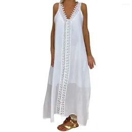 Casual Dresses 2024 Summer Sleeveless Lace Stitching Long Dress Women Vintage Boho Embroidered Loose Maxi Pullover Beach