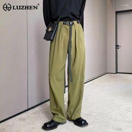 Men's Pants LUZHEN Spring Trendy Belt Decorate Pleated Design Straight Suit Solid Color Korean Fashion Elegant Trousers LZ2095