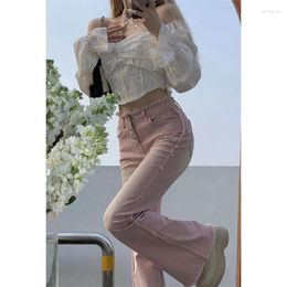 Women's Jeans High Street Fashion Pink Bell Bottoms Temperament Female Summer Slim Waist Micro-pull Pants Ins Tide