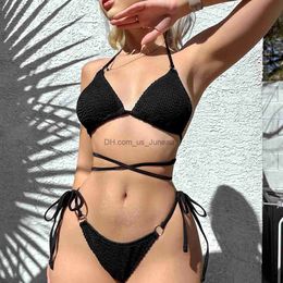 Women's Swimwear 2023 Solid Colour Snake Cloth Lace Up Swimsuit Female Swimwear Women Bikini Set Bather Swimming Beachwear for Bathing Suit T240328