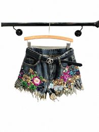 trend Sequin Floral Burrs Hole Denim Shorts Women's Vintage High Waist Wide Leg Short Jeans Female 2023 Summer New 45z0#