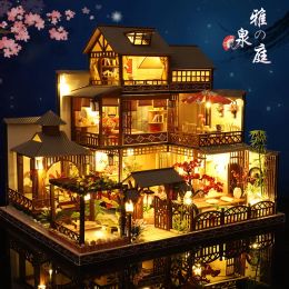 Miniatures DIY Wooden Dollhouse Japanese Architecture Doll Houses Mininatures with Furniture assembled home decoration miniature model toys
