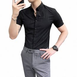 2023 Brand Clothing Men's Summer Leisure Stripe Short Sleeve Shirts/Male Slim Fit Busin Lapel Shirts Black White S-5XL q03x#