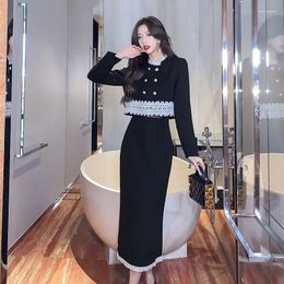 Work Dresses Korean Office Lady Graceful Black Jacket Skirts Two Piece Set Women Elegant Lace Patchwork Coats A-Line Skirt Outfits 2024