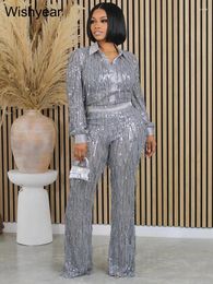 Women's Two Piece Pants Wishyear Sexy See-through Long Sleeve Shirt And Pant Sets 2 Pcs Tracksuit Birthday Club Outfits Tassel Sequined