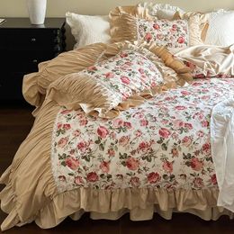 Bedding Sets Vintage Floral Pleat Lace Ruffles Set Cotton Duvet Cover Bed Skirt Flat Sheet Fitted Pillowcases