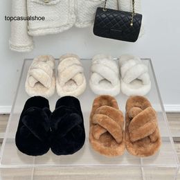 Chanelllies Black Channeles Slippers Brown Cross Criss Shearling Fur Slides Sandal Designer Shoes Crystal C Buckle Furry Fluffy Paltform Mules Wool Bow Braid