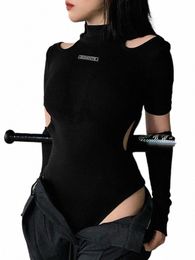 goth Dark Techwear Punk Bodyc Women Bodysuits Gothic Y2k Black Cut Out Sexy Summer Tops With Gloves Grunge Fi Streetwear v1FL#