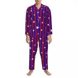 Home Clothing Stars And Striped Pyjama Sets Red Blue Romantic Sleepwear Couple Long Sleeve Casual Daily Two Piece Suit Large Size 2XL