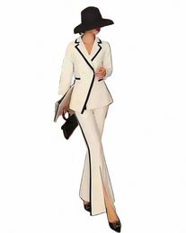 Abito da donna bianco e nero Giacca a due pezzi + Pantaloni svasati divisi Colore patchwork Elegante giacca da ufficio da donna su misura G3LP #