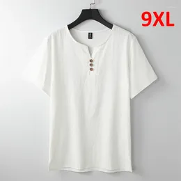 Men's T Shirts 9XL Linen T-shirt Men Summer Solid Colour Tshirt Fashion Casual Tees Tops Male Henley Collar Shirt Plus Size 8XL