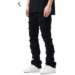 retro Solid Colour Striped Tassel Straight Jeans Pants Men's High Street Ripped Hip Hop Baggy Oversized Casual Denim Trousers s1cI#