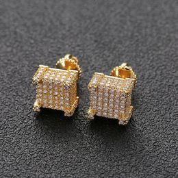 New Gold Silver Colour Iced Out CZ Stone Square Stud Earring Hip Hop Rock Jewellery Earrings2705