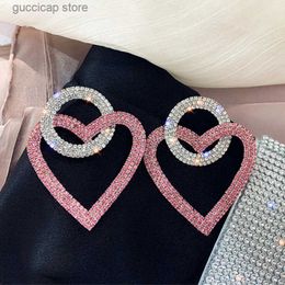 Charm Green Pink Heart Crystal Earrings for Women Oversize Circle Rhinestone Drop Earrings Statement Accessories Gifts Y240328