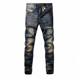 fi Streetwear Men Jeans High Quality Retro Dark Blue Elastic Slim Fit Ripped Jeans Men Vintage Designer Denim Pants Hombre 33Vf#