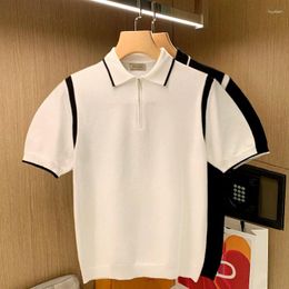 Men's Polos 2024 Summer Contrast Color Knit Polo Shirt Men Casual Button Lapel Pullover Fashion Short Sleeve Slim Fit G83