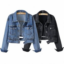 women's Shorts Denim Jacket Fi Casual Coat Black Lapel Single-breasted Lg-sleeved Female Overcoat S M L XL XXL XXXL f7C6#