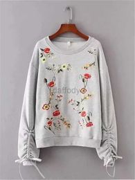 Women's Hoodies Sweatshirts Womens Sweatshirt Round Neck Pullover Embroidered Floral Design On The Front Cotton Long Sleeve T-Shirt With Pleated sleeves 24328