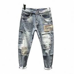 harajuku Vintage Fi Men's Luxury Jeans Korean Style Casual Stretch Slim Fit Denim Hip-hop Patchwork Jeans for Men Ripped 27cx#