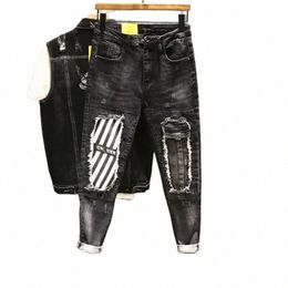 jeans for Men Black Graphic Mens Cowboy Pants with Holes Broken Ripped Print Torn Grunge Y2k Harajuku Summer Stretch Xs Trousers D20K#
