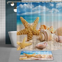 Sets Beach Tropical Blue Sky Ocean Fabric Bath Accessories Kit Wave Beach Conch Seashell Starfish Island Palm Tree Home Decor