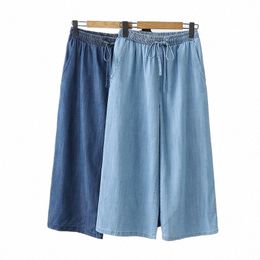 women's Pants Summer Drawstring Wide-leg Pants Cott Blue Calf-Length Jeans Pants Mom Elastic Waist Straight Women l7eR#