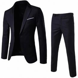 1 Set Men Blazer Pants Set Solid Colour Lg Sleeve Slim Fit Turndown Collar Temperament One Butt Pockets Suit Set Male Clothes 795Z#